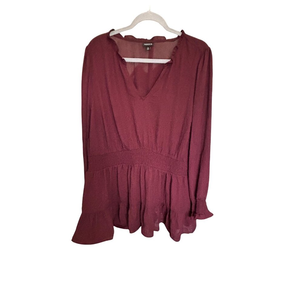 EUC Torrid Ruffle Georgette Long Sleeve Tunic Blouse in Winetasting Sz 3x - Picture 4 of 16